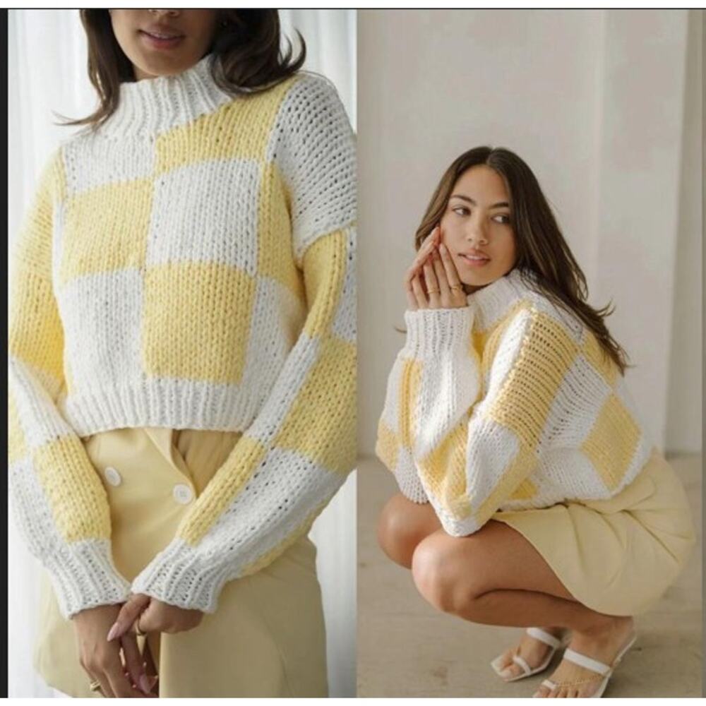 Yellow the Label Zora Chunky Knit Checkered Sweater Yellow & White Size M/L NWT!